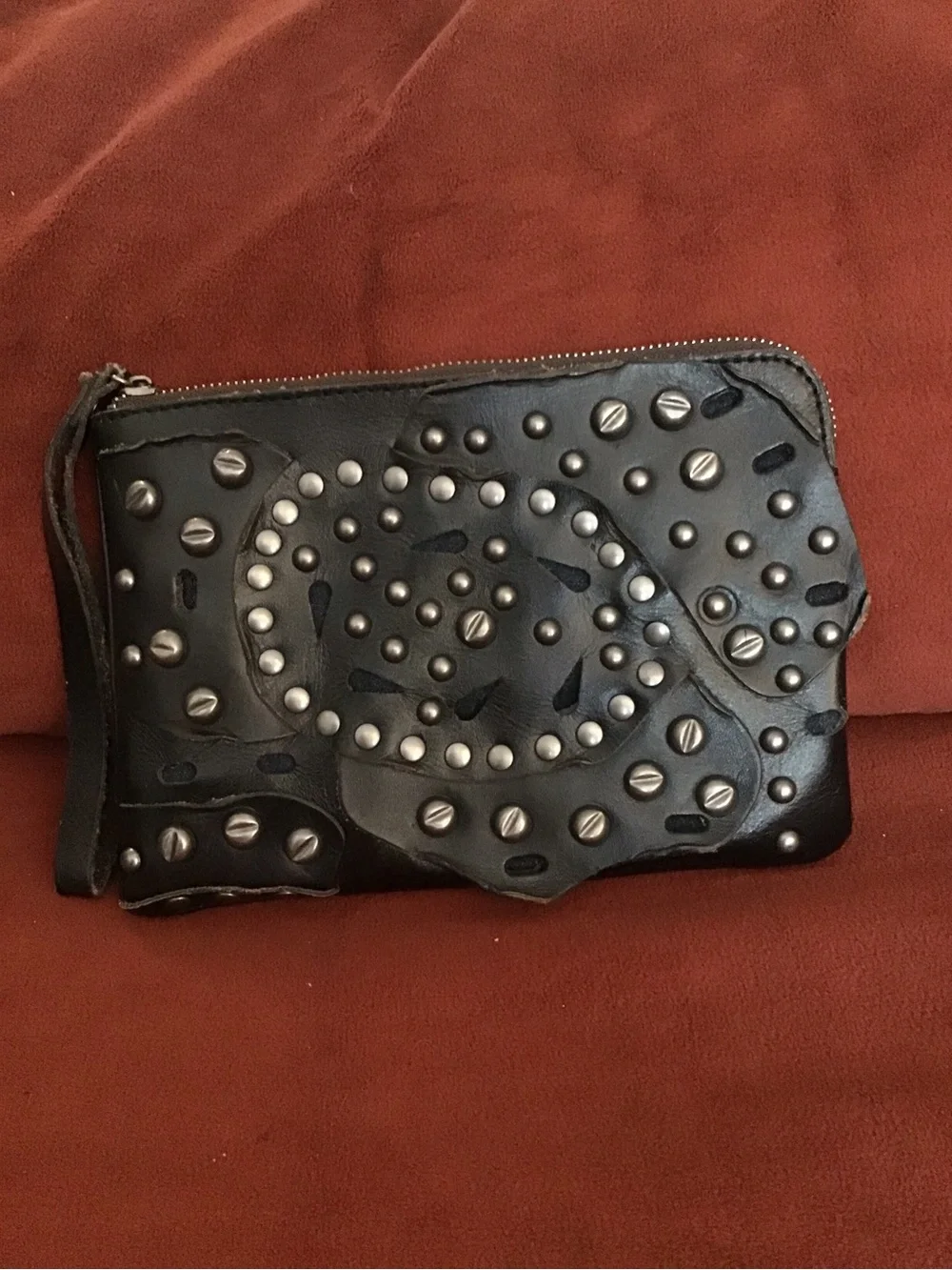 Patricia Nash Black Leather Studded Wristlet Clutch with Gunmetal Accents